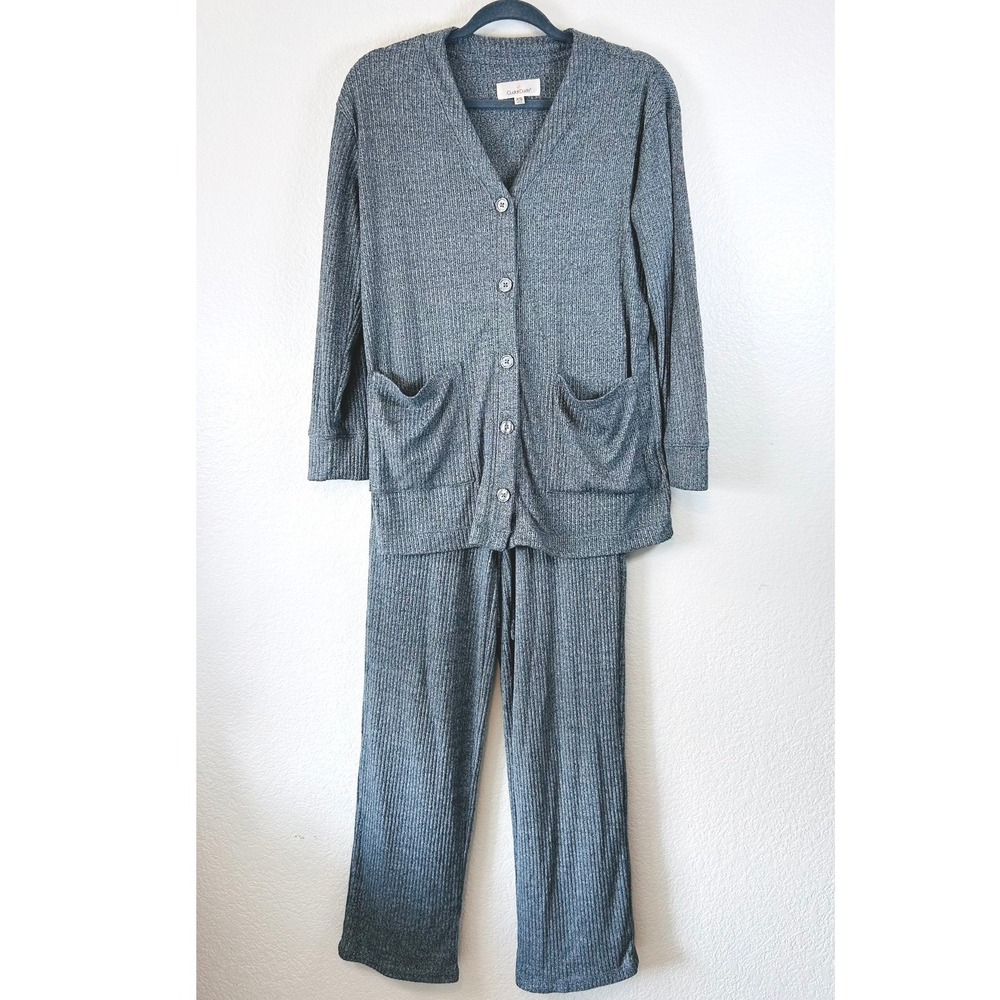 Cuddl Duds Cozy Ribbed Knit Cardigan and Pants Lounge Set Grey XS